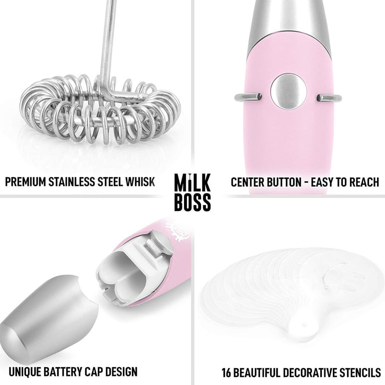 Milk Boss Milk Frother with 16-Piece Stencils, Rose Pink