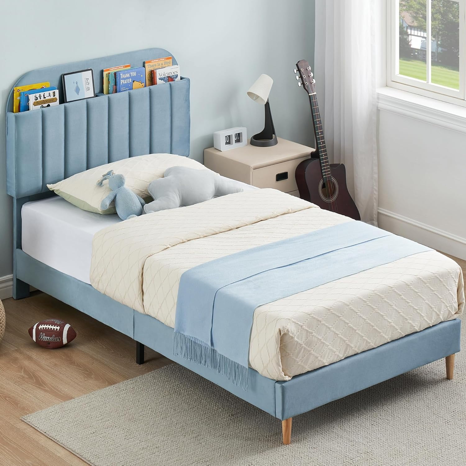 COZONY Twin Bed Frame, Velvet Upholstered Platform Bed w/ Bookcase Headboard, No Box Spring Needed, Noise-Free, Blue