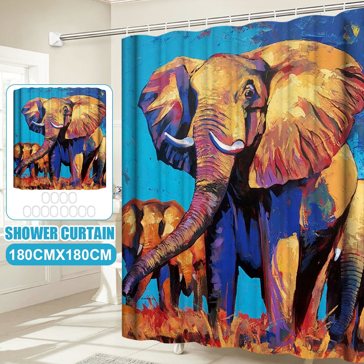 Oil Painting Elephant Shower Curtain Set Waterproof Fabric &12 Hook 71X71 Inches 