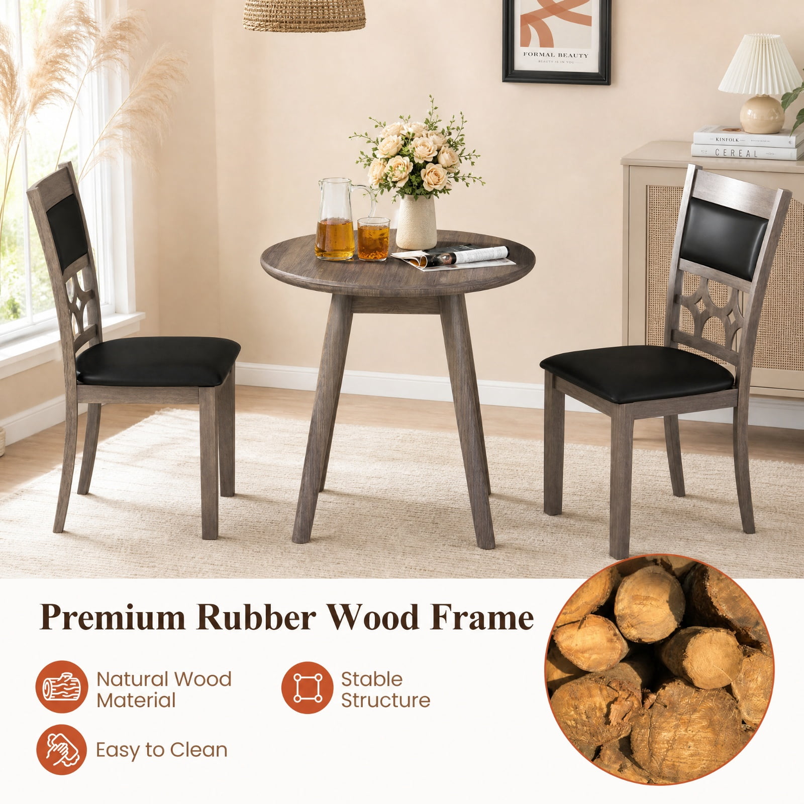 Furnibear Upholstered Dining Chairs Set of 2 with Padded Backrest and Rubber Wood Frame for Kitchen and Dining Room, Gray