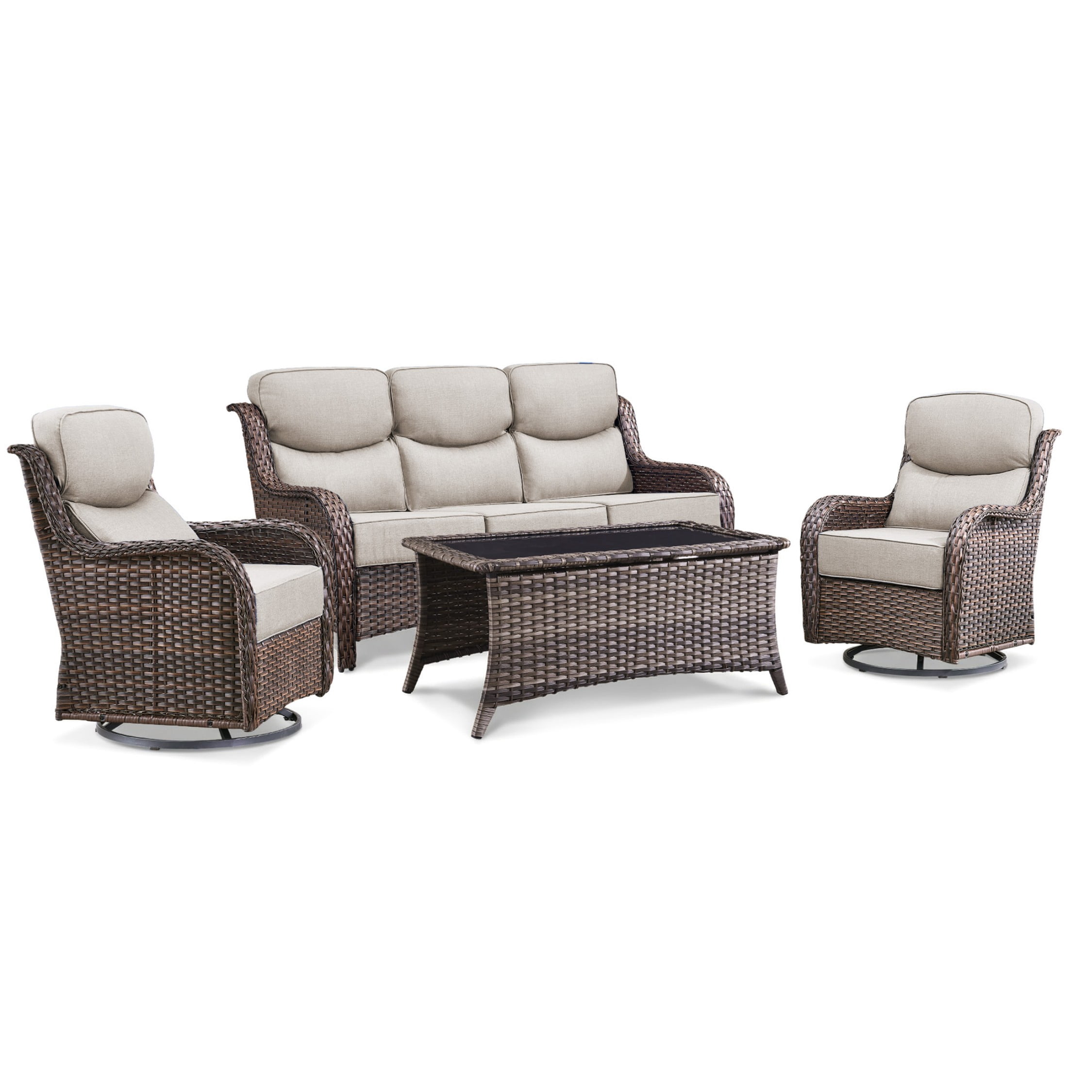 Unnifurnzi 4 Pieces Patio Furniture Set-High Back Outdoor Swivel Chairs Set of 2 with Outdoor Wicker Couch Patio Conversation Sets for Deck Porch Poolside Balcony-Brown/Beige