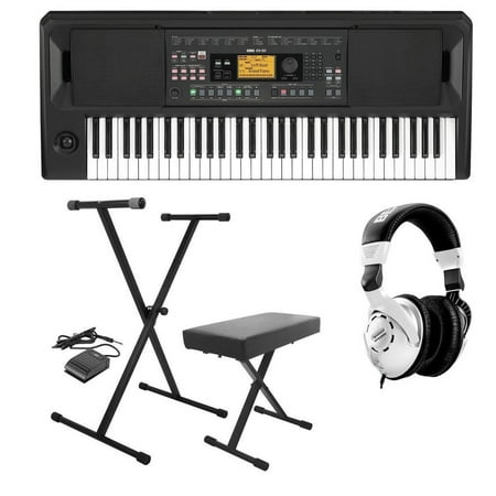 Korg EK-50 61-Key Arranger Entertainer Keyboard (Black), Starter Bundle with Bench, Stand and H&A Studio Headphones