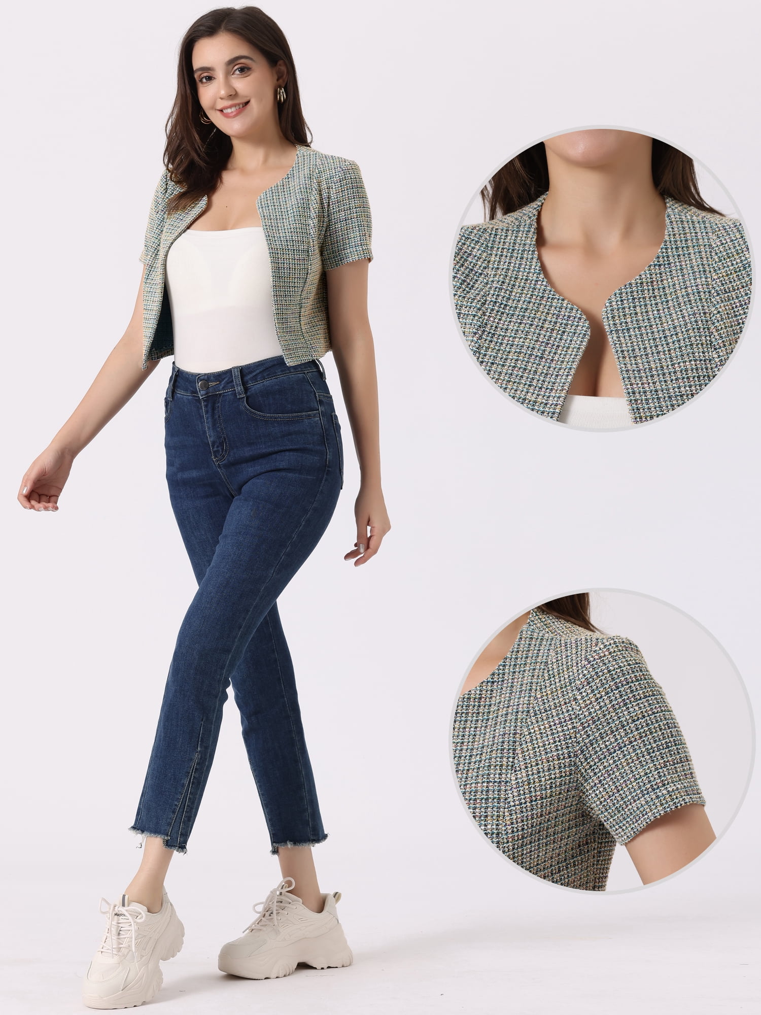 DARING DIVA Crop Tweed Cardigan Open Front Short Sleeve XL Beige