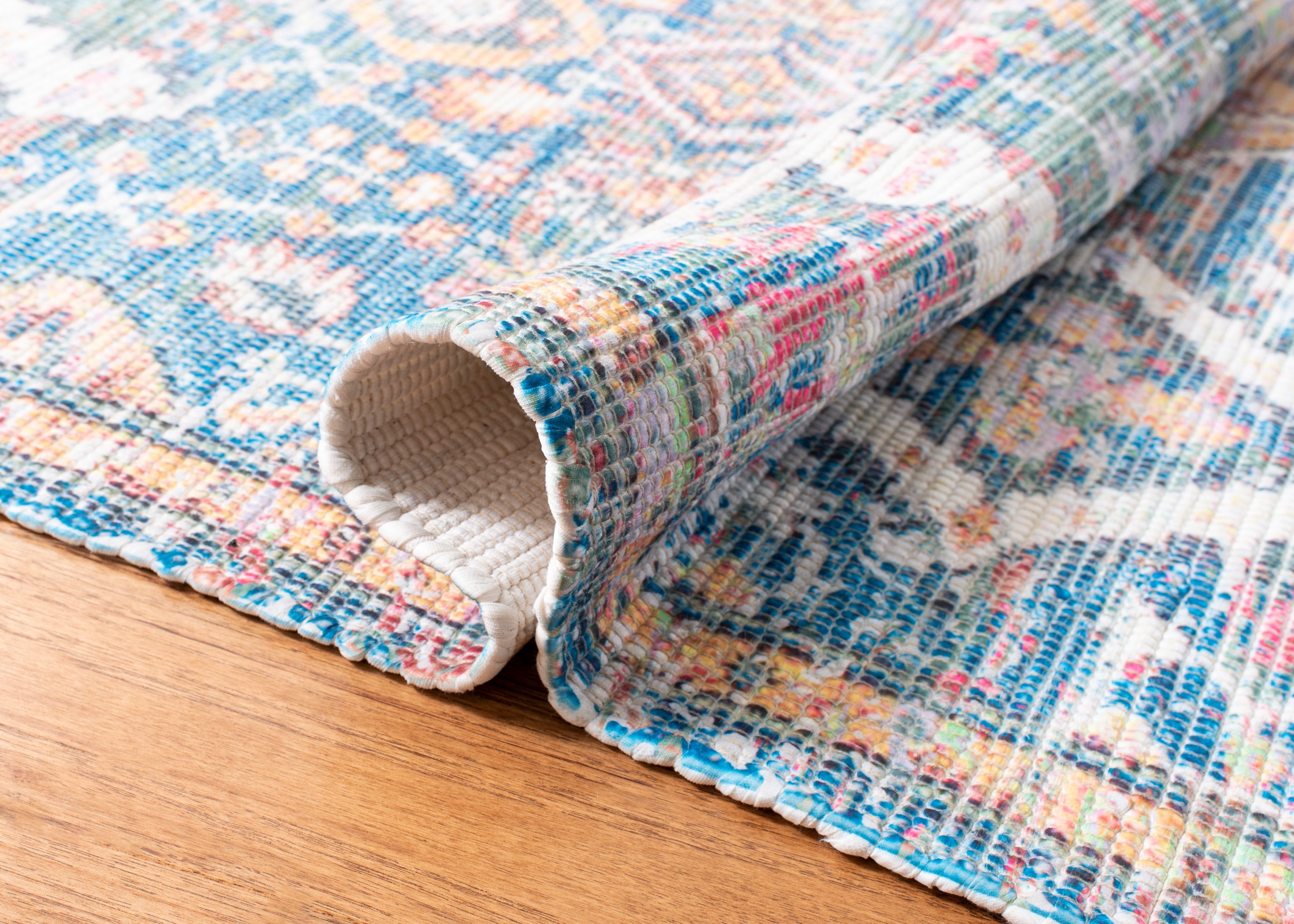 SAFAVIEH Saffron Justina Floral Cotton Runner Rug, Turquoise/Peach, 2'3" x 10'