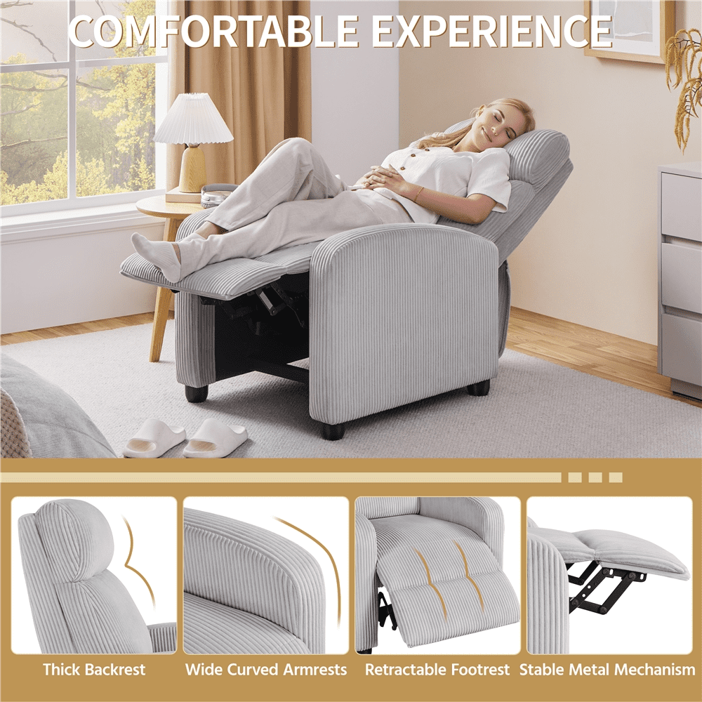 Renwick Corduroy Upholstered Adjustable Recliner Chair with Pocket Springs, Light Gray