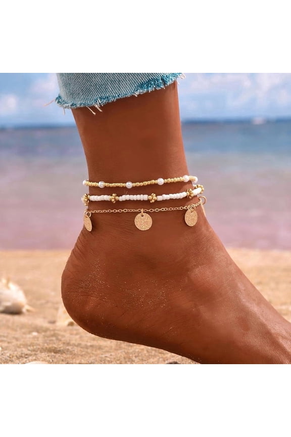 Shell Ankle Bracelet Set for Women,Boho Bead Adjustable Anklet, Hawaiian Beach Seashell Pearl Heart Starfish Conch Foot Jewelry Gifts