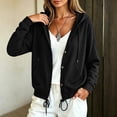 thumbnail image 3 of Women Button Hooded Sweatshirt Jacket Soft Lightweight Hoodies Cardigan with Drawstring Hem Side Pockets Loose Fitting Casual Daily Outwear Black M, 3 of 7