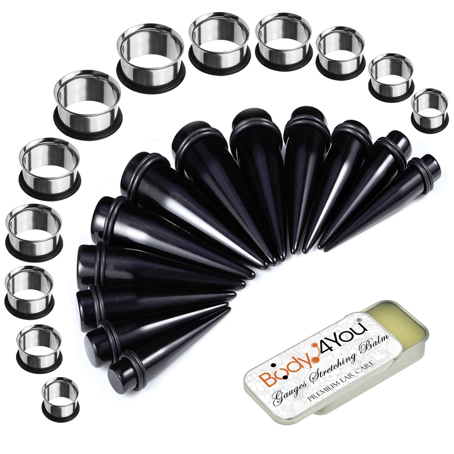 BodyJ4You 25PC Big Gauges Kit Ear Stretching Aftercare Balm 00G-20mm Surgical Steel Tunnel Plug Taper 