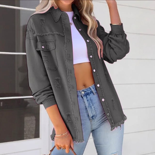 LOVZFMLL Vestes pour Femmes Mode à Manches Longues Décontractée à Boutons Veste en Denim Ample avec Franges et Trous Hauts