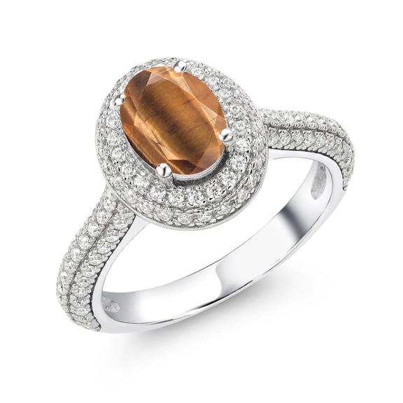 Gem Stone King 925 Sterling Silver Ring Tiger Eye Moissanite (1.89 Cttw)