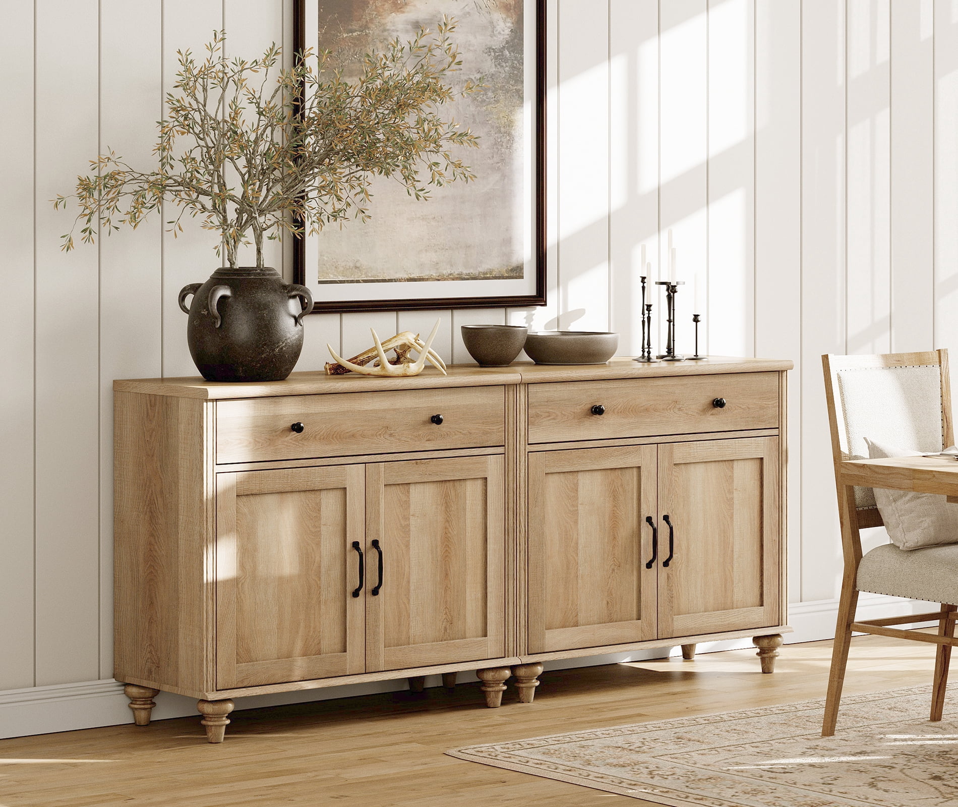 Credenzas & Sideboards with 4 Doors and 2 Drawers, Large Buffet Cabinet Wood Kitchen Storage Cabinets, Modern Farmhouse Sideboard Credenza for Dining Room, Oak, 68 inch
