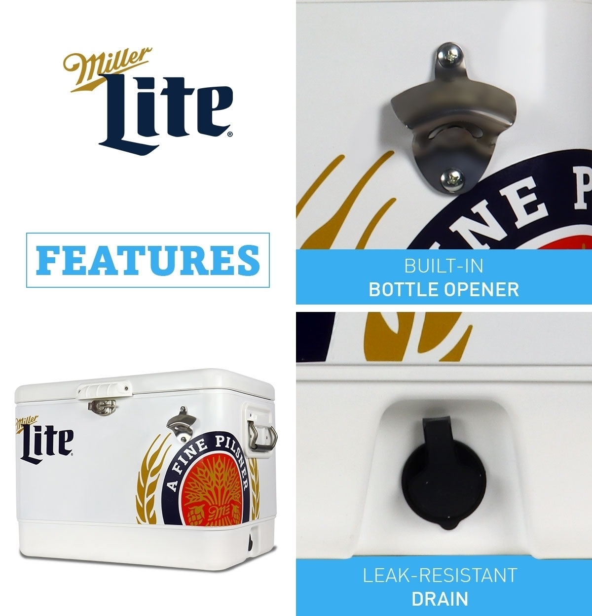 Miller Lite Ice Chest Cooler with Bottle Opener, 51L (54 qt), 85 Cans