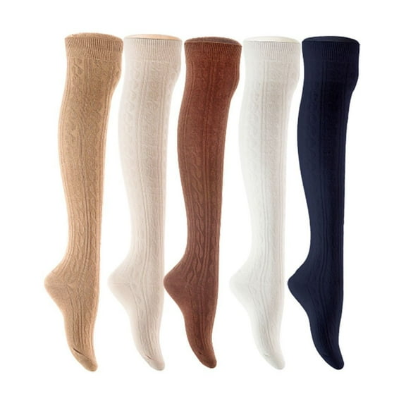 Lian LifeStyle Women's 5 Pair Adorable Comfortable Soft Thigh High Over Knee High Cotton Socks Size 6-9 L1024 Beige,Cream,Coffee,White,Navy