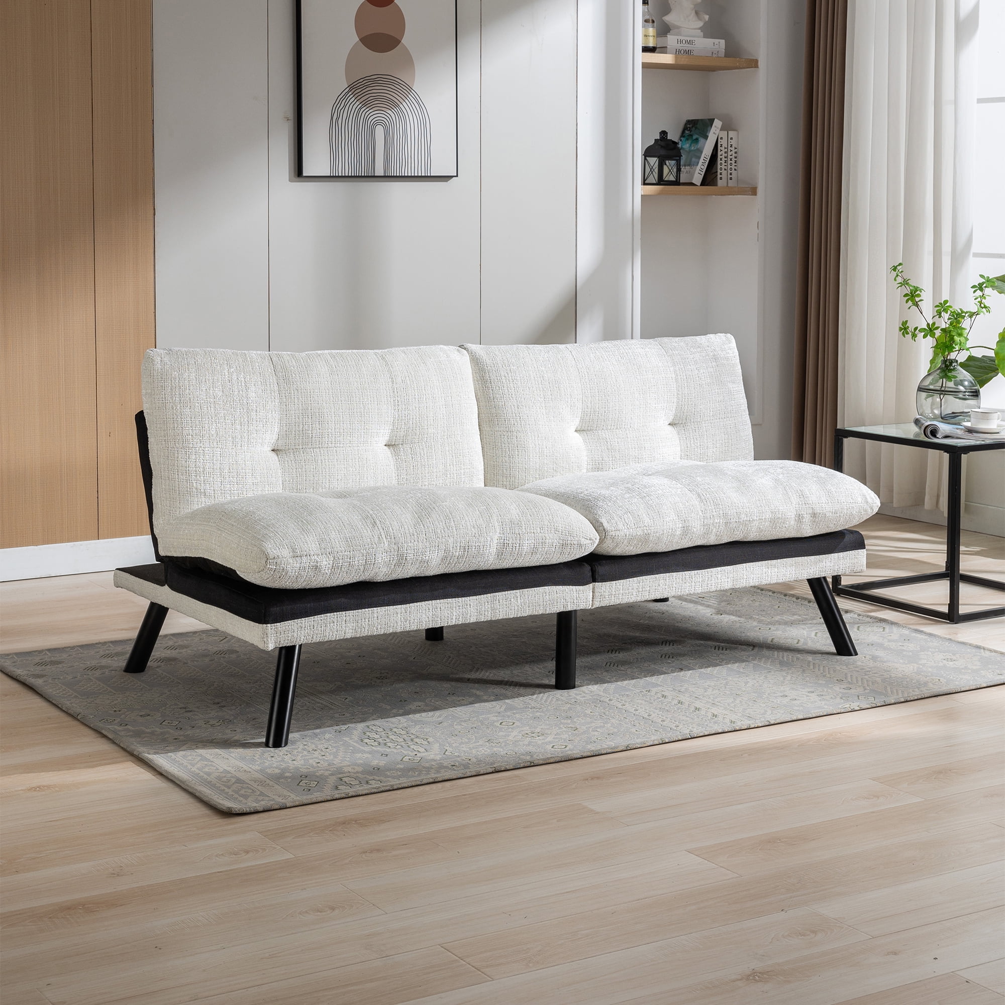 Kadyn Convertible Sofa Bed, Loveseat Futon Bed with Metal Legs, Adjustable Lounge Couch for Compact Living Space Chenille, Cream White Kadyn Convertible Sofa Bed, Loveseat Futon Bed with Metal Legs, Adjustable Lounge Couch for Compact Living Space Chenille, Cream White