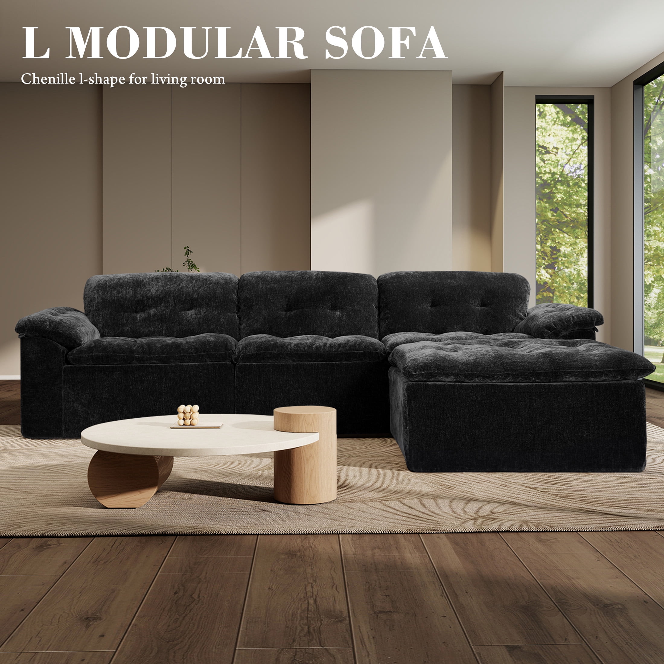Aukfa 4-Piece L-Shaped Modular Sectional Sofa with Ottoman for Living Room, Ice Flower Chenille, Black