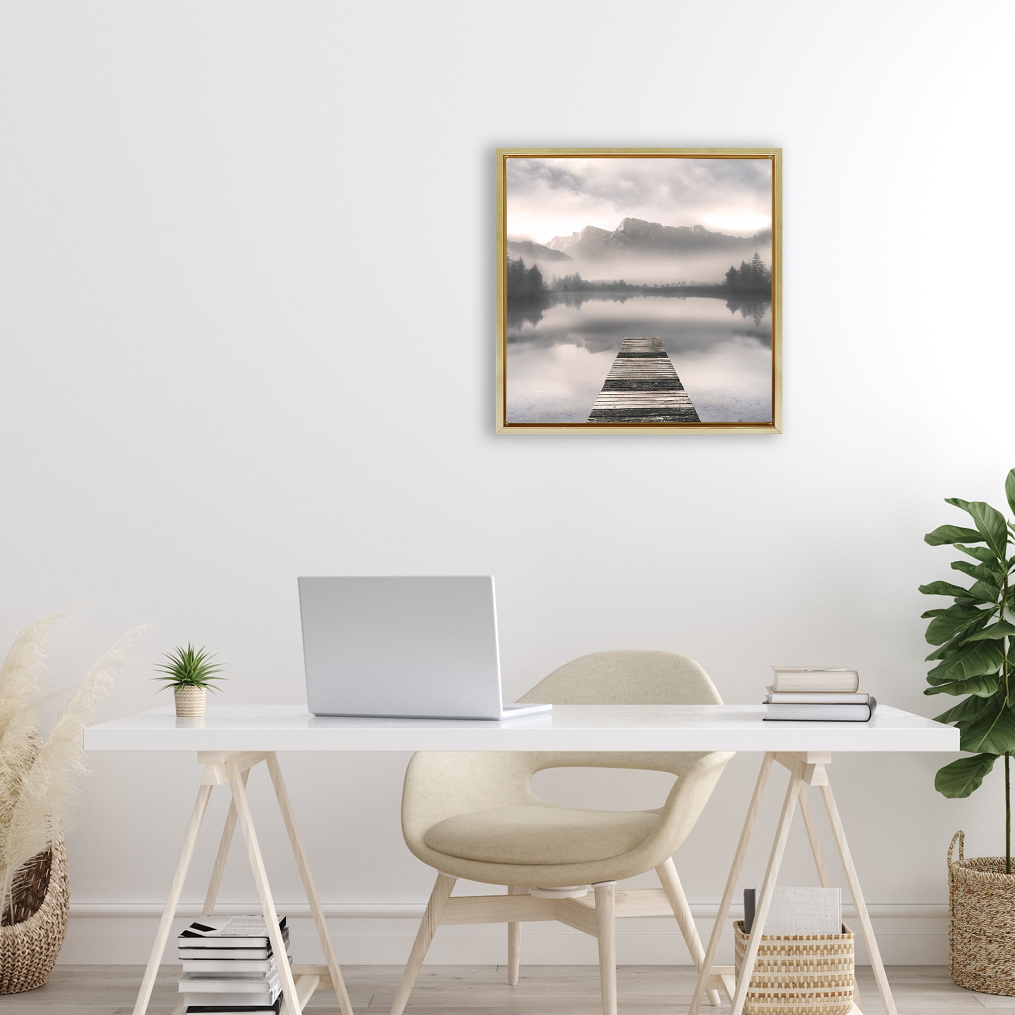 Stupell Industries Calm Reflective Waters & Mountains Gold Framed Floater Canvas Wall Art, design by Irene Weisz