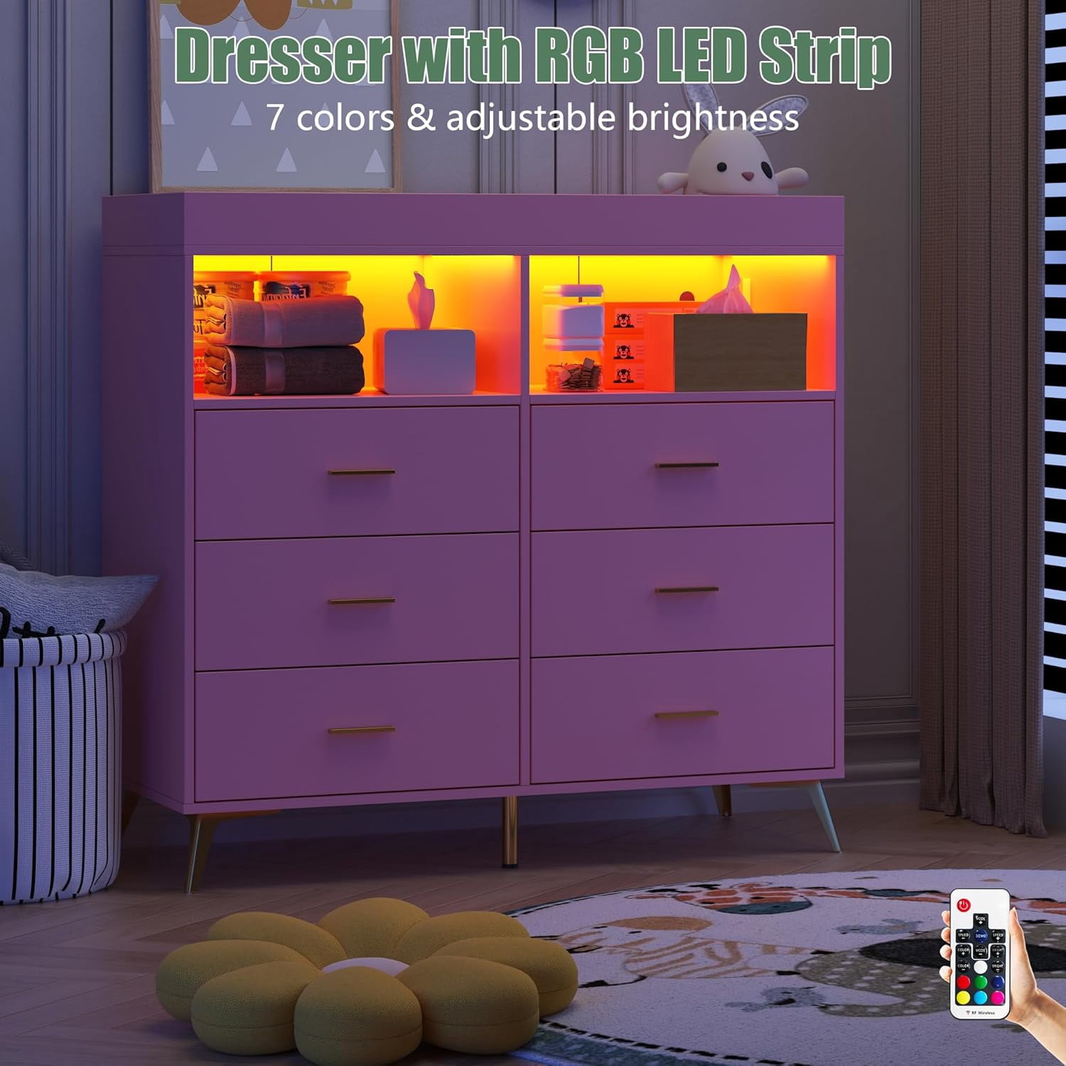 Dresser for Bedroom with 6 Drawers, Baby Changing Table Dresser with Changing Pad, LED Lights & Charging Station, Baby Changing Station with Changing Table Top