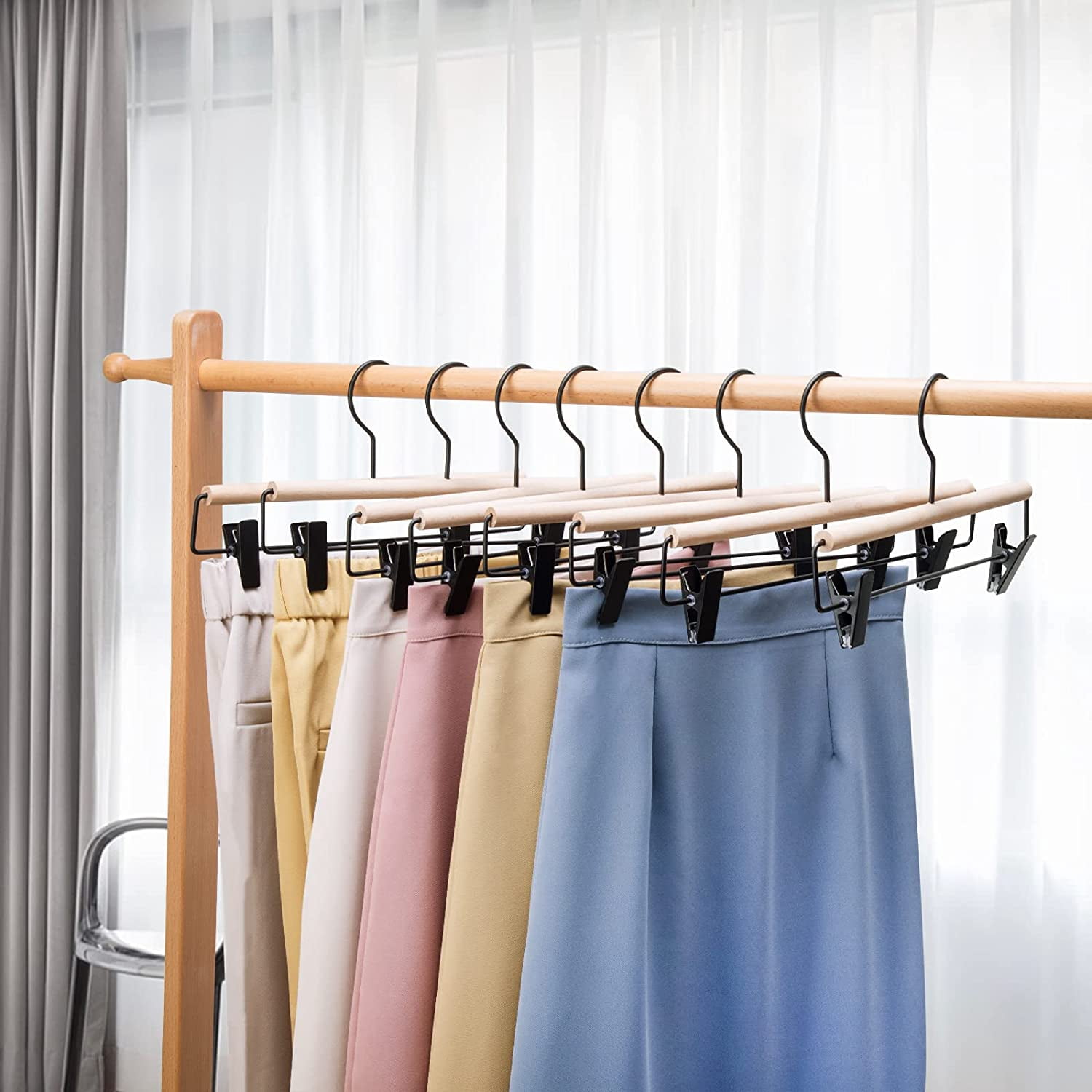 Beech Wooden Pants Hangers with Adjustable Black Clips and Hook, 20-Pack (Natural Wood and Black Metal)