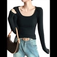 thumbnail image 2 of Camisetas de Larga para Mujer, Blusas de Cuello Cuadrado, Blusas Básicas de Punto Acanalado, Conjuntos de Otoño, Ropa de Moda Negro XXL, 2 of 7