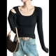 thumbnail image 2 of Camisetas de Larga para Mujer, Blusas de Cuello Cuadrado, Blusas Básicas de Punto Acanalado, Conjuntos de Otoño, Ropa de Moda Negro M, 2 of 7