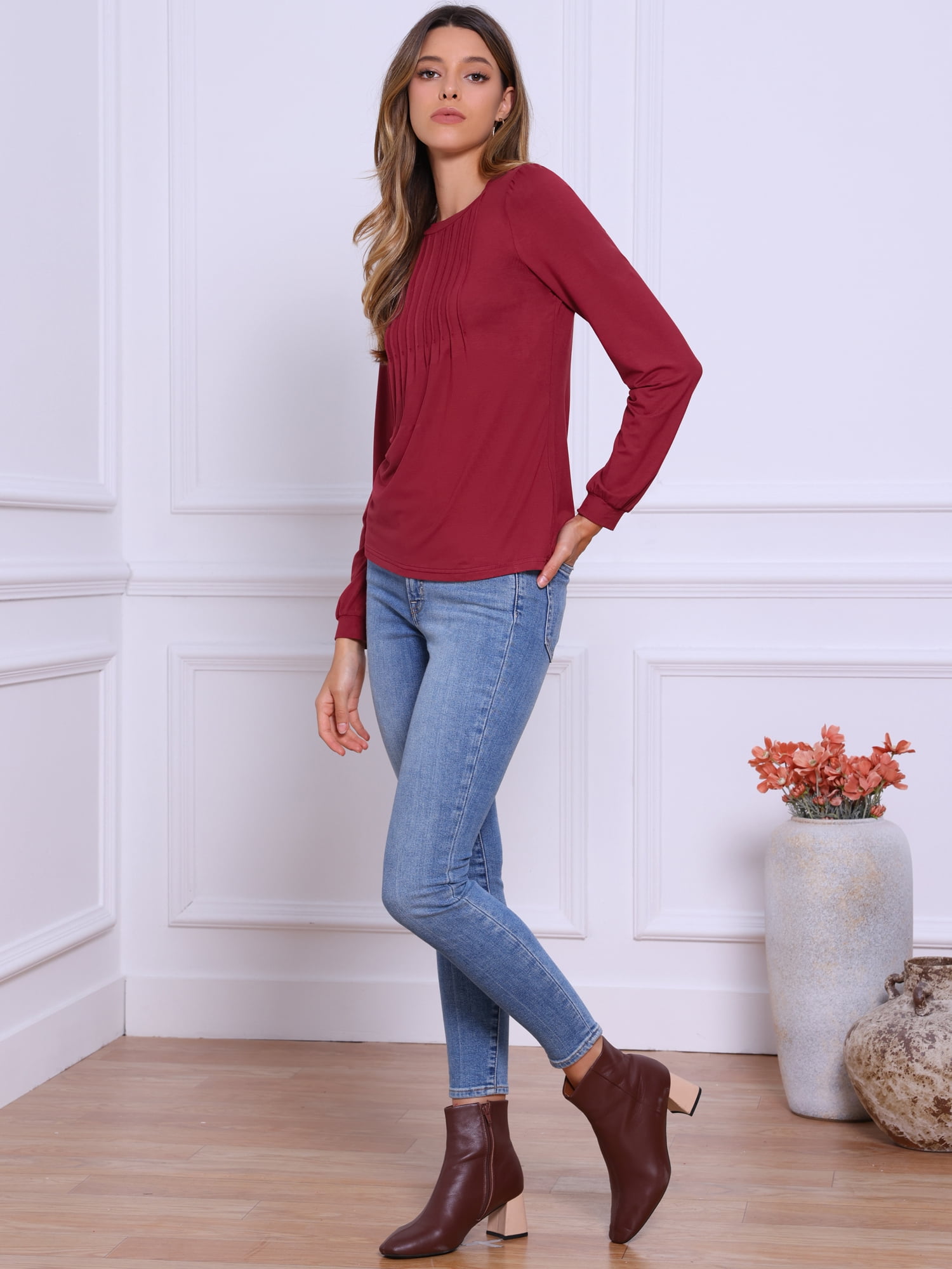 DARING DIVA Women's Pleated Trim Casual Long Sleeve Top XS Burgundy