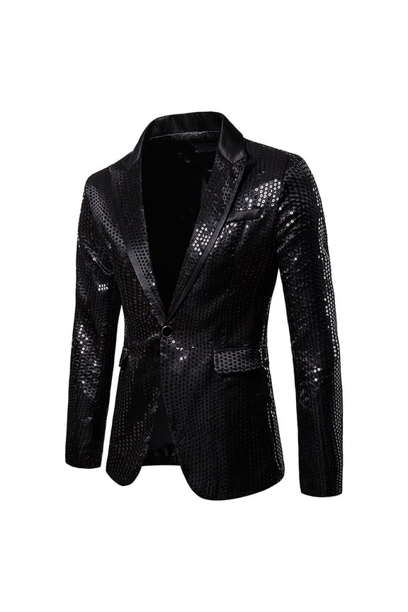 Men's One Button Sequin Blazer Sparkly Glitter Jacket Shiny Dress Suit Jacket Stylish Party Wedding Banquet Prom Tuxedo Sizes S-2XL Black