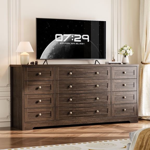 12 Drawer Dresser with Charging Station 61 Inch Long Wood TV Stand with Storage for Bedroom Living Room Nursery Dark brown