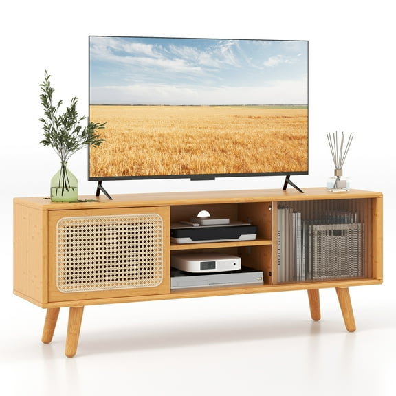 Topbuy Bamboo TV Stand for TVs up to 55” Media Console Table with 3-Level Adjustable Shelf Cable Management Holes