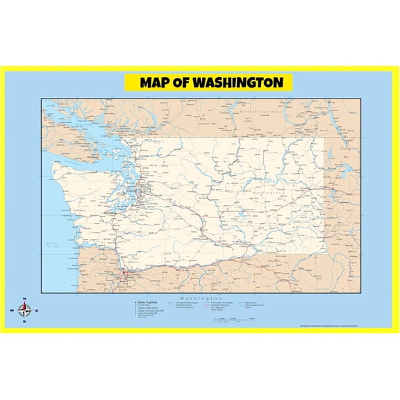 Washington Map Poster - Laminated Wall Map - Style C - 18x24 - Ideal for Classrooms and Homes – Features Bright Colors and Vivid Imagery