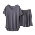 thumbnail image 2 of NominalSnug Pajama Sets for Women Round Neck Short Sleeve Sleep Shirts Wide Leg Pleated Shorts Casual Loose Loungewear, 2 of 6