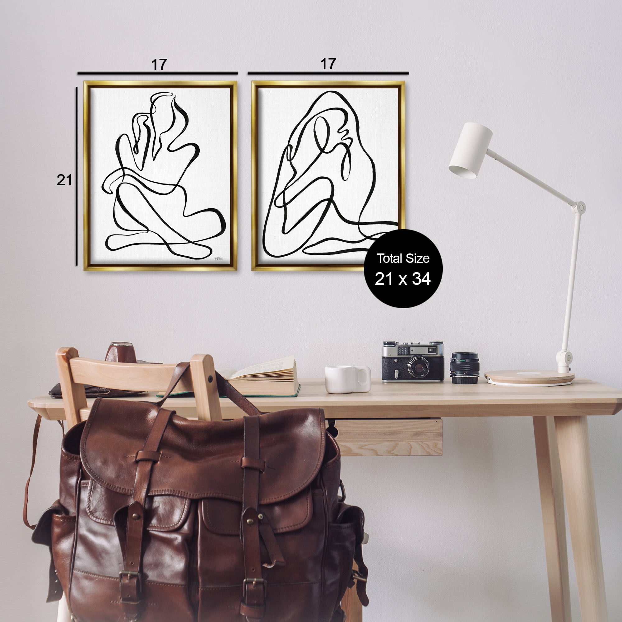 Stupell Industries Minimalist Female Figure People Painting Gold Floater Framed Canvas Art Print Wall Art, 17 x 21, Set of 2