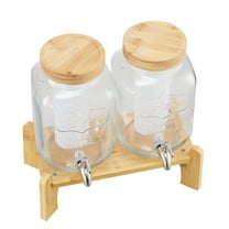 KFFKFF Set of 2 Glass Beverage Dispensers with Wooden Stand, 1-Gallon Capacity, Stainless Steel Spigot, and Infuser – Ideal for Serving Juice, Iced Tea, Lemonade, or Water at Gatherings
