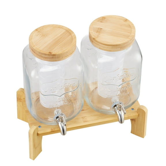 KFFKFF Set of 2 Glass Beverage Dispensers with Wooden Stand, 1-Gallon Capacity, Stainless Steel Spigot, and Infuser – Ideal for Serving Juice, Iced Tea, Lemonade, or Water at Gatherings