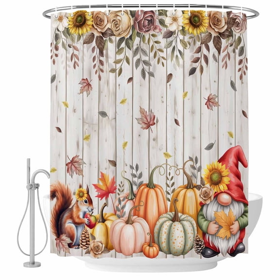 Fall Gnomes Shower Curtain, Waterproof Shower Curtains for Bathroom, Thanksgiving Pumpkin Squirrel Sunflower Wooden Washable Fabric Bathtub Curtain Set Bath Decor with 12 Hooks Stall 36"x72"