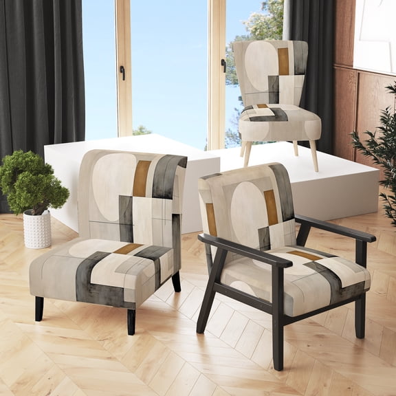 Designart "Harmonic Convergence Beige and Brown Suprematism" Beige Abstract Suprematism Upholstered Accent Chair - Modern Arm Chair For Bedroom