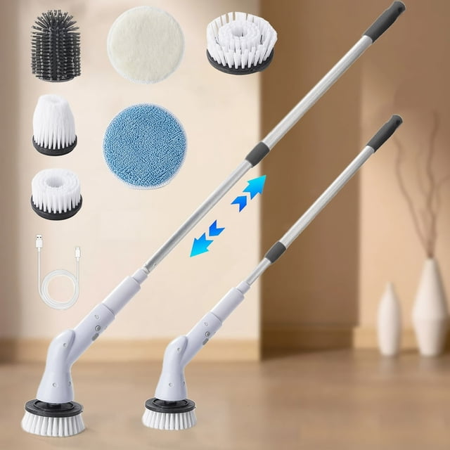 MesaSe Vente Chaude! Brosse Rotative Électrique pour Nettoyer la Salle de Bain, Brosse Rotative Sans Fil avec 5 Têtes de Brosse Remplaçables et Manche Extensible Ajustable, Brosse de Nettoyage Électrique pour Salle de Bain Floo