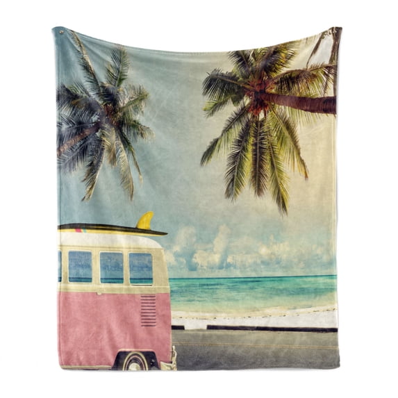 Surf Soft Flannel Fleece Blanket, Minivan the Beach Retro Inspired Vacation Clouds in Summer Sky Honeymoon Destination, Cozy Plush for Indoor and Outdoor Use, 70" x 90", Multicolor, by Ambesonne