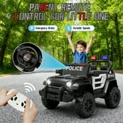 12 Volt Ride on Toys for Toddlers w/Remote Control, Electric Ride on Truck Car w/ Shock Absorption, 3 Speeds, Bluetooth, Lights, Steering Wheel Quick Release (Black Police Car)