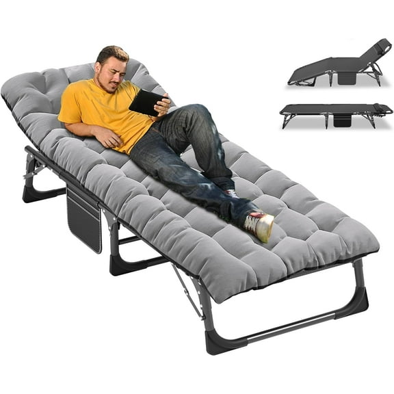 ABORON 5-Fold Portable Folding Chaise Lounge Chair,Camping Cot, with 2 Sided Cushion & Pillow, Adjustable Patio Recliner for Garden Beach Outdoor/Indoor