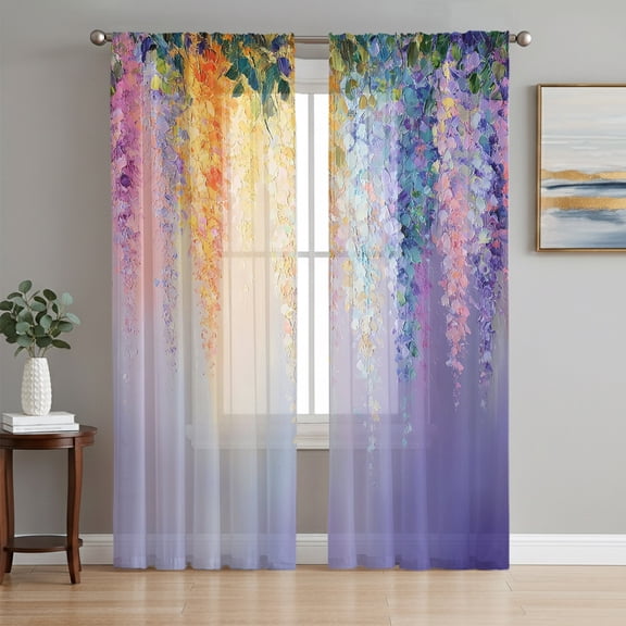 Purple Summer Floral Sheer Curtains 72 Inch Length 2 Panels Set, Weeping Botanical Colorful Voile Window Treatment Rod Pocket Curtains Sheers Drapes for Bedroom/Living Room/Kitchen 52"x72"x2