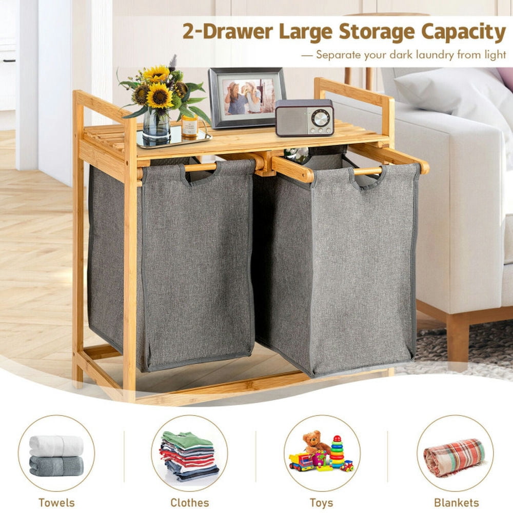 Finihen Laundry Hamper, Laundry Basket, Bamboo Laundry Hamper with Dual Compartments Laundry Sorter and Sliding Bags, for Bathroom, laundry Room, Natural Finihen Laundry Hamper, Laundry Basket, Bamboo Laundry Hamper with Dual Compartments Laundry Sorter and Sliding Bags, for Bathroom, laundry Room, Natural