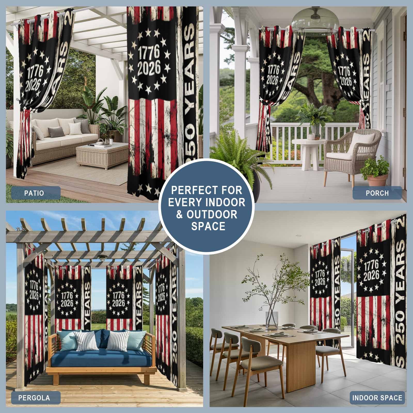 Independence Day Outdoor Curtains for Patio, 250 Years American Flag Red Stripe 4th of July Sunshade Privacy Drapes Grommet Waterproof Outside Curtains for Porch/Cabana/Balcony 54"x 108", 1 Panel