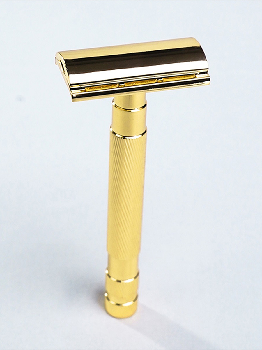 Waysh Safety Razor with Knurled Grip Handle, Complete Double Edge Razor Gift Set with Stand and 20 Blades, Gold
