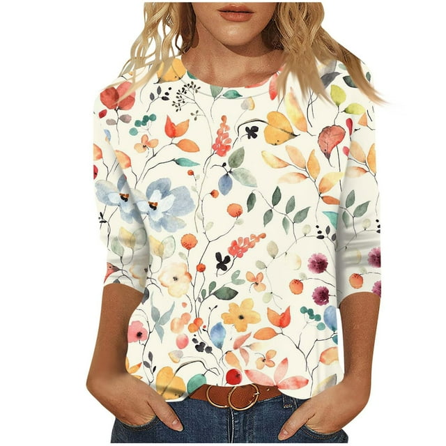 HKEJIAOI T-Shirts à Manches 3/4 pour Femmes à Imprimé Floral, Col Rond, Coupe Ample, T-Shirts Décontractés Mode, Chandails à Enfiler, Beige 3TG