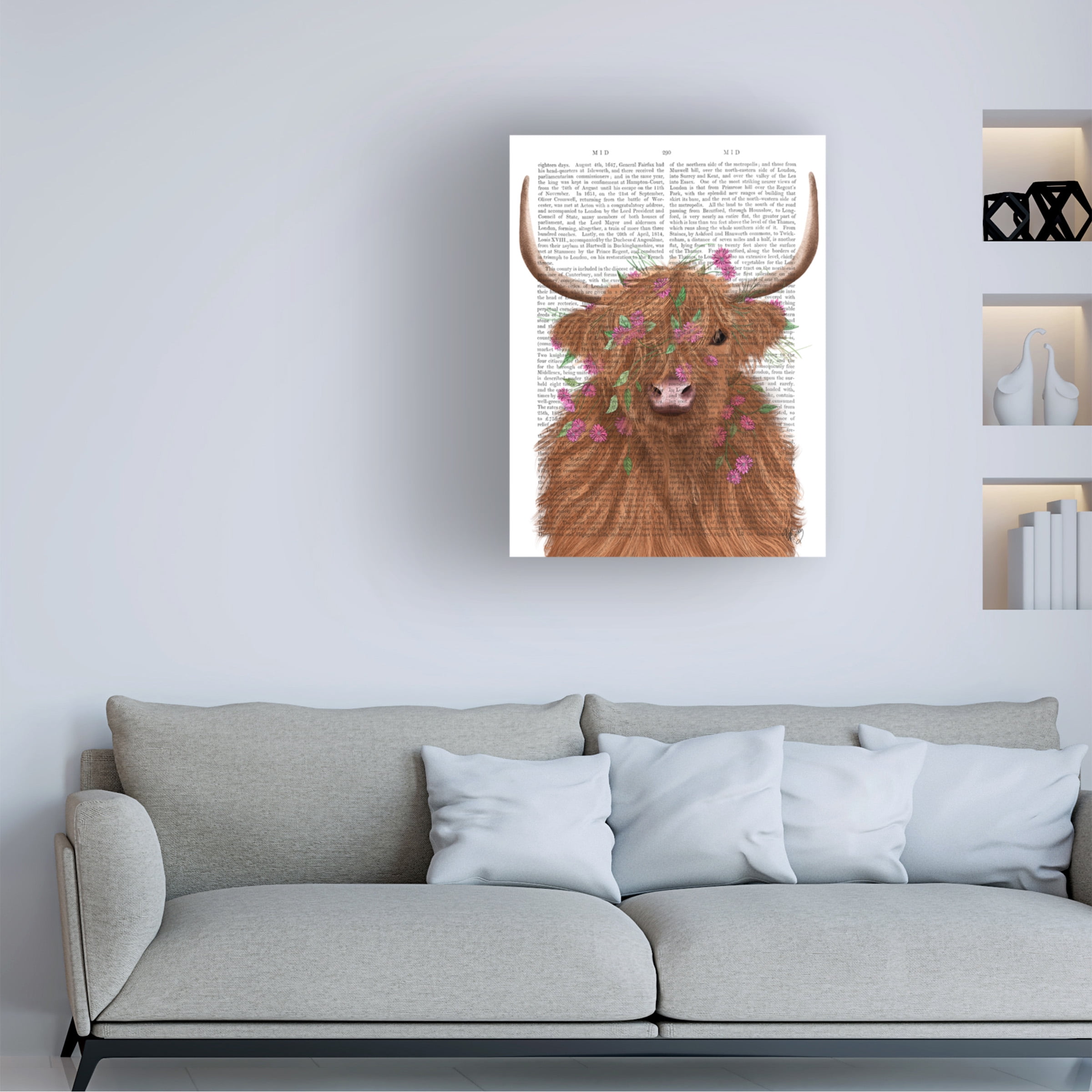 Fab Funky 'Highland Cow 1 Pink Flowers Book Print' Canvas Art