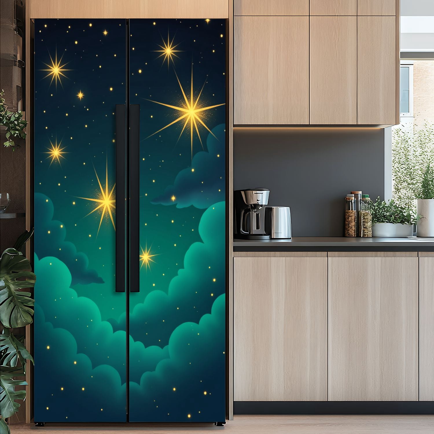 Self Adhesive Vinyl Refrigerator Wrap Set Starry Night Sky Soft Clouds Glowing Stars Door Mural Removable Fridge Sticker Peel and Stick&nbsp;Full Door Cover Decal Kitchen Bar Decor