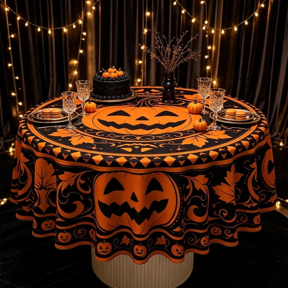 Halloween Round Tablecloth, Pumpkin Maple Leaf Pattern, Waterproof Circular Table Cover, for Halloween Dinner Party, 9.4x5.5x1.0in