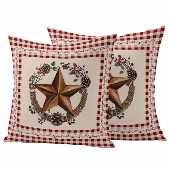 Country Star Plaid Outdoor Waterproof Pillow Covers, Retro Western Farmhouse Barn Berry Decorative Square Throw Pillowcase Sofa Cushion Sham for Patio/Couch/Chair, 20"x20" 2 Pack