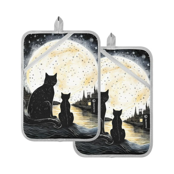 Pot Holders Set of 2 Heat Resistant 338℉ Kitchen Oven Gloves Potholder Cooking Baking Microwave Mitts Cat in Night with Moon