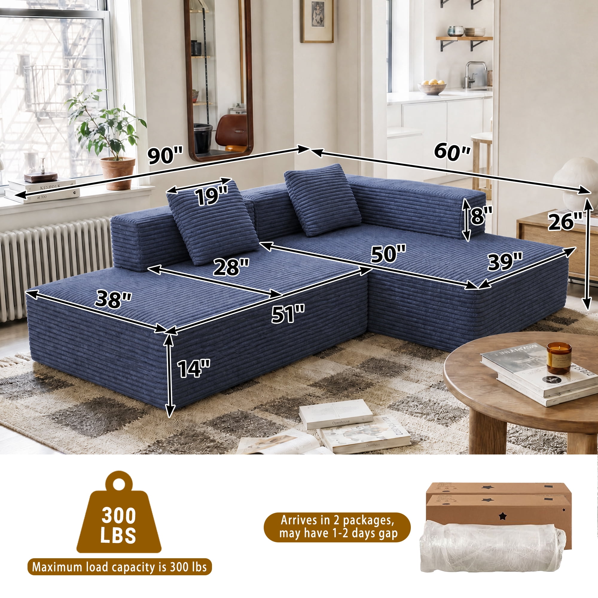 Meeyar 91" Boneless Modular Sectional Sofa with L Shaped Chaise, Cloud Couch for Living Room, Navy Blue